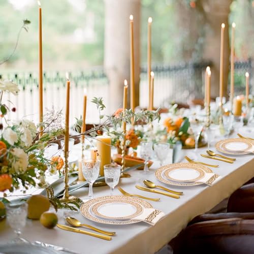 Bestluck 700PCS Gold Plastic Dinnerware Set for 100 Guests, Disposable Plates for Party, Include 100 Gold Dinner Plates, 100 Dessert Plates, 100 Set Silverware, 100 Cups, 100 Napkins