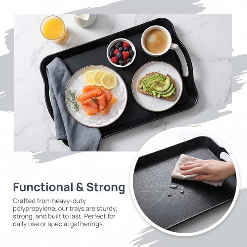Cedilis 3 Pack Black Serving Trays with Handles,16 x 11IN Rectangular Non Skid Multi-Purpose Plastic OttomanTray for Restaurant, Parties, Coffee Table, Kitchen