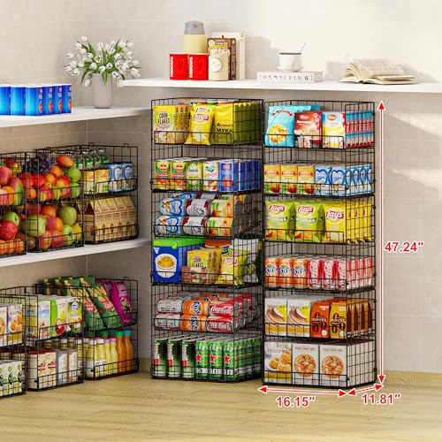 JKsmart 6-Tier Stackable Wire Basket, Can Organizer for Pantry Kitchen, XXL Metal Storage Shelves with Dividers & Handles, Easy Assembly Space Saving Storage Bins for Snacks Fruits Veggies