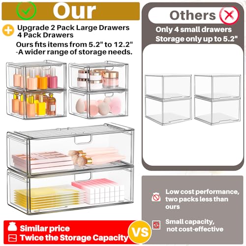 caktraie Acrylic Stackable Storage Drawers Set of 6, Clear Plastic Storage Drawer Organzier, Storage Organizer, Makeup Organizer,Ideal for Vanity, Bathroom,Cabinet,Pantry Organization
