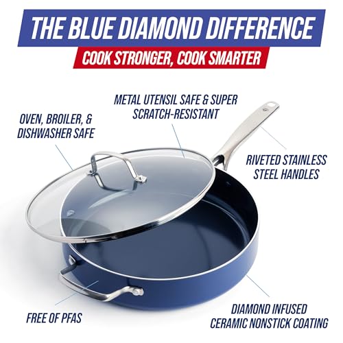Blue Diamond 5QT Saute Pan with Lid, Non Toxic PFAS-Free Diamond Ceramic Nonstick, Dishwasher & Oven Safe, Metal Utensil Safe, Deep Jumbo Cooker Skillet with Helper Handle, Glass Lid, Blue