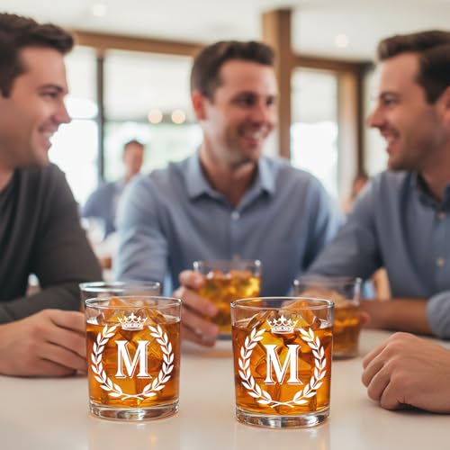 Jmugmt Personalized Whiskey Glasses Gifts for Men, Letter M Initial Whiskey Glass, Christmas Birthday Gifts for Men Husband Brother Dad, 10 OZ Old Fashioned Glass with Gift Box(Letter M)