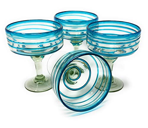 Dos Sueños Mexican Hand Blown Glass – Set of 4 Hand Blown Margarita Glasses (16 oz) with Aqua Spiral Design