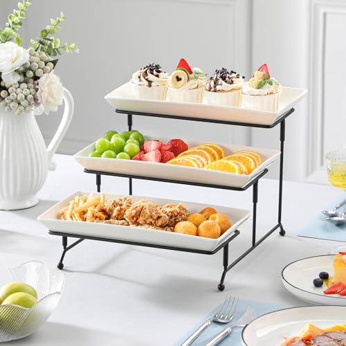 MALACASA 3 Tier Serving Trays for Party, Porcelain Serving Platters and Trays, 12 Inch Tiered Tray Stand, Fruit Tray, Trays for Serving Food, White Dessert Stand with Collapsible Sturdier Metal Rack