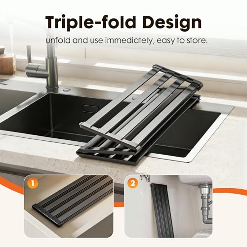 Volminex Foldable Over Sink Dish Drying Rack, Extra Wide & Thick Rust-Proof Aluminum Sink Cover for Counter Space, Collapsible Dish Drying Rack Fits Most Kitchen Sinks (Black, 17.7“x13.6)