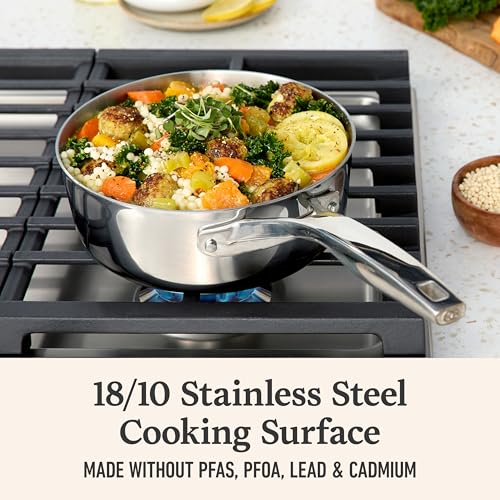 Calphalon Premier Polished 5-Ply Stainless Steel Cookware w/Turbo Heat Tech 2.5Qt Chef's Pan with Lid, Induction, Oven Safe 500F, PFOA Free, Polished Stainless Silver