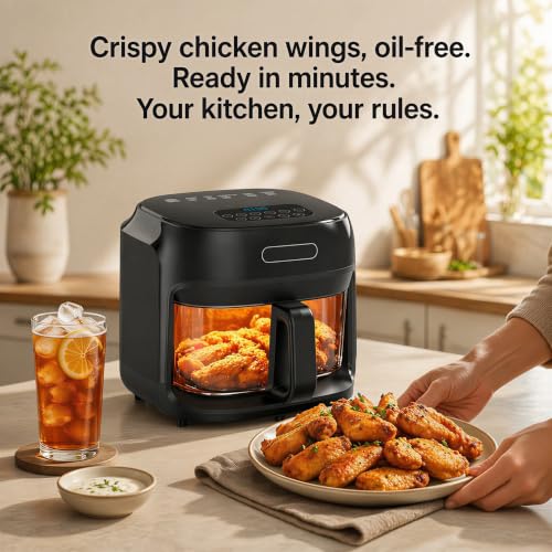 7.4QT Air Fryer with Glass Bowl, Visible Window Lid, Digital Control, 360° Rapid Air Circulation, for Healthy Oil-Free Cooking & Baking, Dishwasher Safe, Nonstick, Easy Clean (Black)