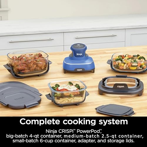 Ninja Crispi 5-in-1 Portable Glass Air Fryer Cooking System, 1500W, 6-Cup, 4-Quart & 2.5-Quart TempWare Containers With Lids, Microwave, Freezer & Dishwasher Safe, Blue, FN103CO