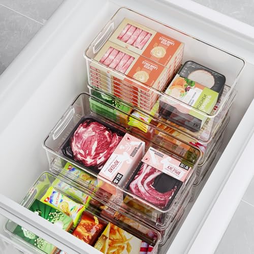 Heyuzb 8 PACK Freezer Organizer Bins Fridge Organizers and Storage Stackable Refrigerator Organizers Bins with Side Handles Clear Storage Bins for Pantry, Under Sink, Kitchen Cabinet
