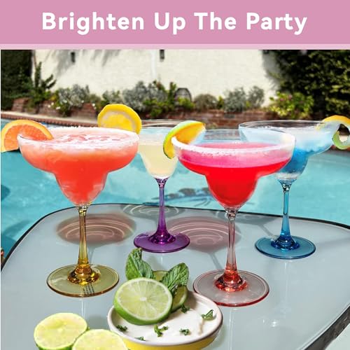 Lily's Home Unbreakable Margarita Glasses with Colored Stems, Set of 4, 10oz Reusable Plastic Stemware, Shatterproof Party Cups for Outdoor Patio, Pool, and Picnic