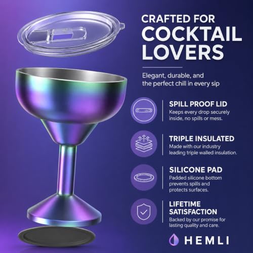 Hemli Insulated Margarita Glass, Cocktail Tumbler with Lid, Stainless Steel Vacuum Insulated, Keeps Drinks Cold for 12 Hours