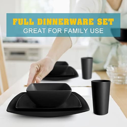 Teivio 16-piece Plastic Wheat Straw Square Dinnerware Set for 4, Unbreakable Dinner Plates, Salad Plates, Snack Bowls, Tumblers 13.5 oz, Dishwasher Safe, Kitchen Outdoor Camping,Black