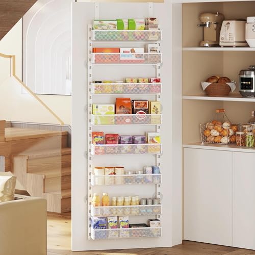 SEFILENCE Over the Door Pantry Organizer, 8-Tier Over the Door Spice Rack with Adjustable Baskets, Wall-Mounted or Hanging Shelves for Kitchen, Laundry Room, Bathroom(White, 16.65"W x 5.2"D x 72.6"H)