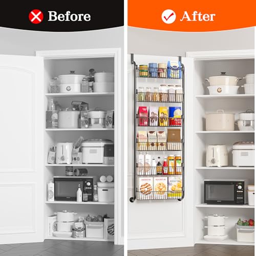 MIAOLI Over the Door Pantry Organizers and Storage, 6-Tier Spice Rack, Home & Kitchen Storage Shelves for Cabinet, Large Capacity Hanging Seasoning Organizer, Laundry Room Organization, Black