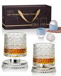 CEEFU Old Fashioned Whiskey Glasses with 360° Rotating Base, Set of 2 (2 Crystal Glasses Set, 2 Big Ice Ball Molds) In Gift Box - Bourbon, Cocktail, Rocks, Bday Gifts Ideas for Men, Snowflake Pattern