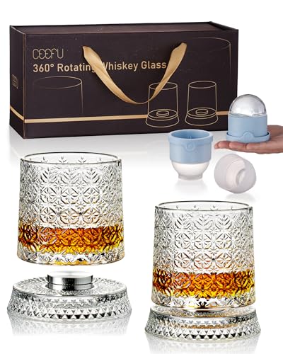 CEEFU Old Fashioned Whiskey Glasses with 360° Rotating Base, Set of 2 (2 Crystal Glasses Set, 2 Big Ice Ball Molds) In Gift Box - Bourbon, Cocktail, Rocks, Bday Gifts Ideas for Men, Snowflake Pattern