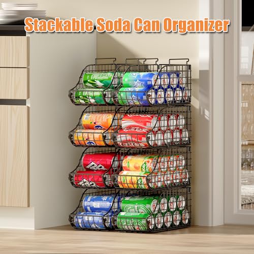 Sonyabecca 4-Pack Stackable Canned Food Organizer with Handles, Soda Can Organizer for Kitchen Pantry Shelves, Foldable Wire Cabinet Shelf for Can Storage, Patent Pending, Black