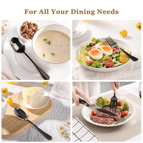 Astercook 24-Piece Black Silverware Set with Steak Knives Flatware Set for 4 Food-Grade Stainless Steel Cutlery Set Mirror Polished Utensils Set Include Spoons and Forks for Home Kitchen Restaurant