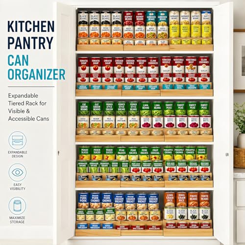 D-werack Expandable 3-Tier Wooden Can Organizer for Pantry, Adjustable Shelf Holds 24 Cans, Storage Rack for Cabinet & Countertop, Space Saving Pantry Organizer for Small Kitchens and Apartments