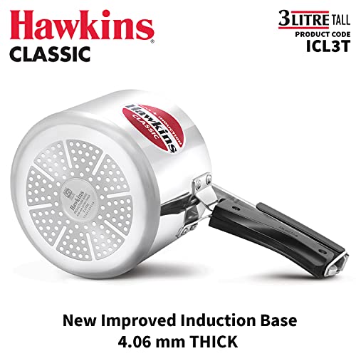 Hawkins Aluminium Classic 3 Litre Pressure Cooker, 3.2 Quarts, Silver, Ideal for 3-4 Persons, Super-fast Cooking, Saves Fuel