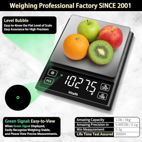 Vitafit 11lb Food Scale, High Accuracy 0.0001lb by Our Professional Scale Factory Since 2001, Digital Kitchen Scale with% Percentage Function for Cooking, Baking & Coffee, Stainless Steel, LED, Black