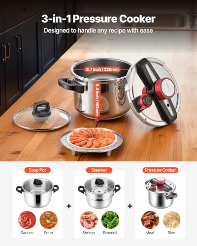 VEVOR Pressure Cooker, 6.3Qt Pressure Cooker Stainless Steel, Pressures Canner with Steaming Rack, Tempered Glass Lid, Three Pressures Settings for Meat, Beans, Rice, Soup, Sauces, Cook up to 100 kPa
