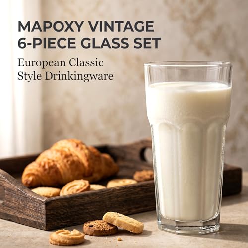Mapoxy 16 oz Highball Glasses 6 Pack, Thick Lead-Free Glass Tumblers with Heavy Base, Clear Drinking Glasses for Water, Juice, Beer, Cocktails, Dishwasher Safe Bar Glassware, Ideal Gifts