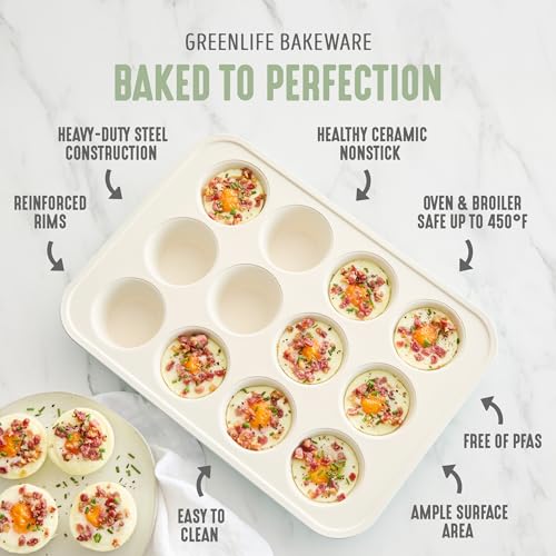 GreenLife 6 Piece Nonstick Bakeware Set, Non-Toxic PFAS-Free Ceramic Oven Pans, Dishwasher & Oven Safe to 450°F, Easy Release Baking Sheet, Loaf Pan, Rectangle & Round Cake, Muffin Pan, Sage