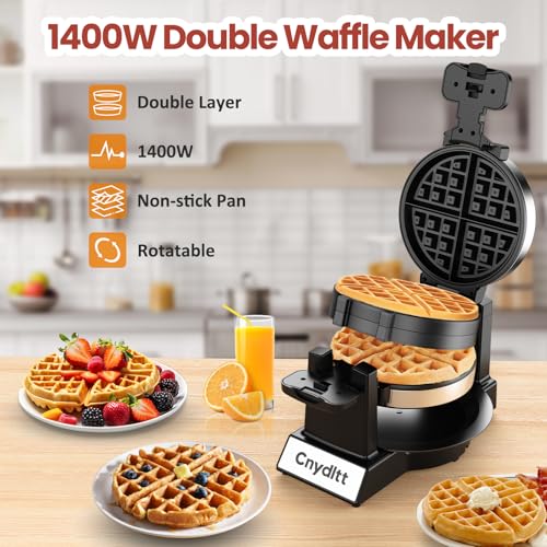 Cnydltt Double Waffle Maker - 1400W Rotating Belgian Waffle Iron, Cooks 2 at Once (8 Slices), 180° Flip Nonstick Plates, Smart Temp Control, Removable Drip Tray, Locking Lid, Stainless, Black