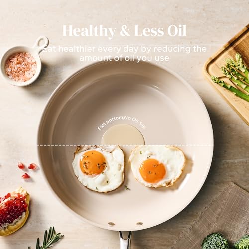 Redchef Non Stick Frying Pans, Ceramic Pan Skillet, Non Toxic Pans for Cooking, 8" 9.5" 11" Ceramic Frying Pan Set PFAS & PTFE & PFOA Free with Stay Cool Handle, Dishwasher & Oven Safe, Beige White