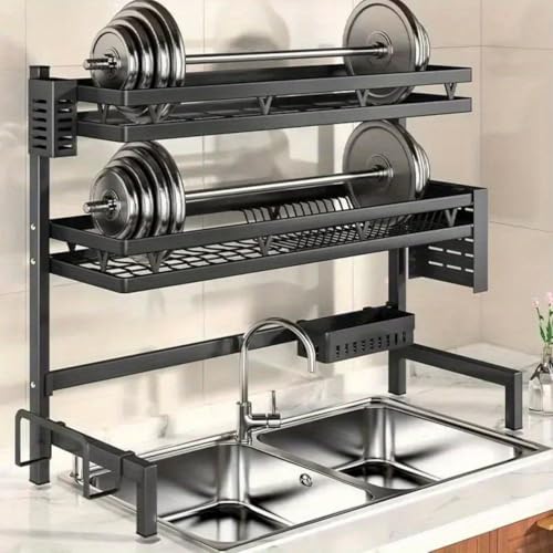 LeVcoecam 3-Tier Over Sink Dish Draining Rack Adjustable Width and Height with Phone Holder Cup Holder, Knife and Chopstick Holder, Cutting Board Rack, Space-Saving Rack