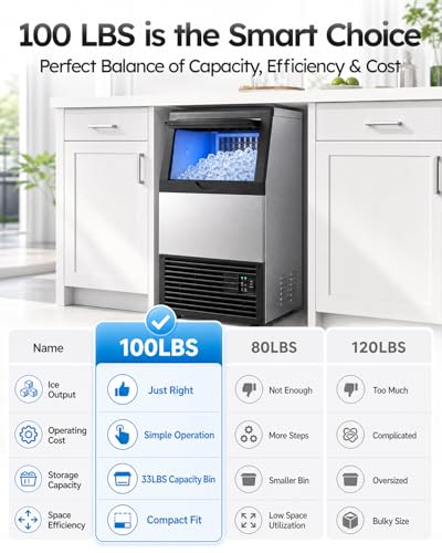 Mojgar Commercial Ice Maker Machine, 100lbs/24H with 33lbs Ice Storage Under Counter Ice Machine, Stainless Steel Built-in Freestanding Ice Maker Self-Cleaning for Home Bar
