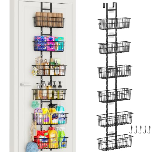 Hongtamoya Over The Door Organizer, Adjustable Hanging Door Organizer with 6 Wire Baskets 5 Hooks, Metal Behind The Door Storage for Pantry Closet Bedroom Bathroom Cabinet Kitchen Laundry Room, Black