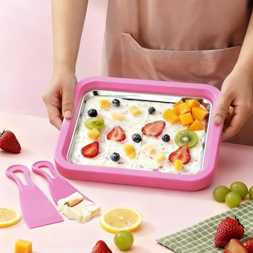 KeyDoors Rolled Ice Cream Maker with 2 Scrapers, Food Grade Stainless Steel Tray for Frozen Yogurt & Slushie, Homemade DIY for Parent-Child Family Activities, Ideal Birthday Gift (Pink)