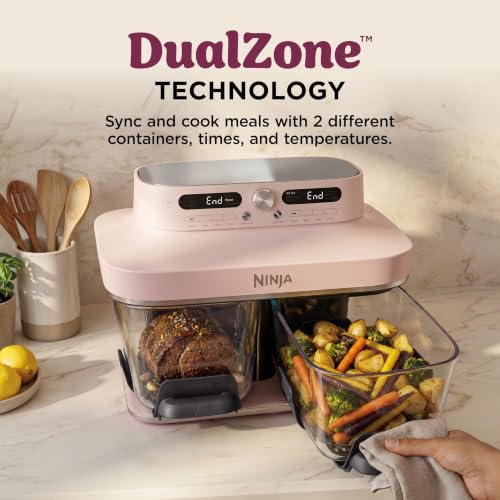 Ninja Crispi DualZone 6-in-1 Glass Air Fryer | With Nontoxic, 2x 4qt Containers & Lids | Microwave, Freezer, Dishwasher Safe | 450°F Max Temp | 1785 Watt | Rose Quartz | DD101PK1