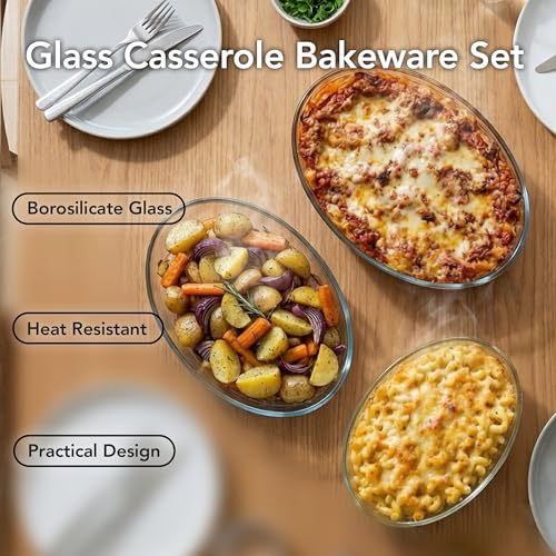 OVENTE Glass Baking Dish Set, 3-Piece Value Pack Oval Bakeware 0.7L/1.6L/2.4L, Oven, Microwave & Dishwasher Safe, Perfect for Lasagna Casserole, Deserts, Food Prep, Serving & Reheating, Clear GBD33