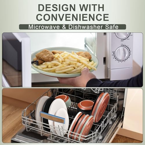 E-far 6-Piece Stoneware Dinnerware Sets, Plates and Bowls Sets for 2, Ceramic Dishware Dishes Set with Terracotta Base, Chip & Scratch Resistant, Microwave & Dishwasher Safe, Speckled Green