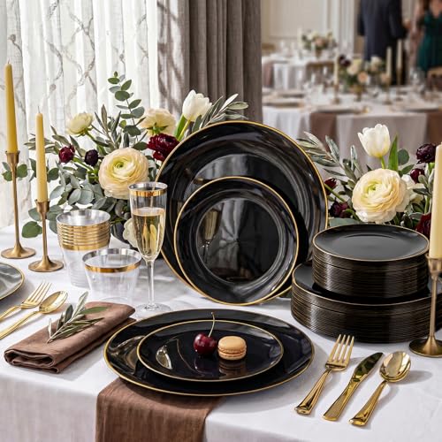 KIRE 100PCS Black and Gold Plates - Black Plastic Plates Disposable with Gold Rim Include 50Pcs 10.25inch Dinner Plate and 50Pcs 7.5inch Dessert/Salad Plate for Party/Wedding/Graduation/Father's Day