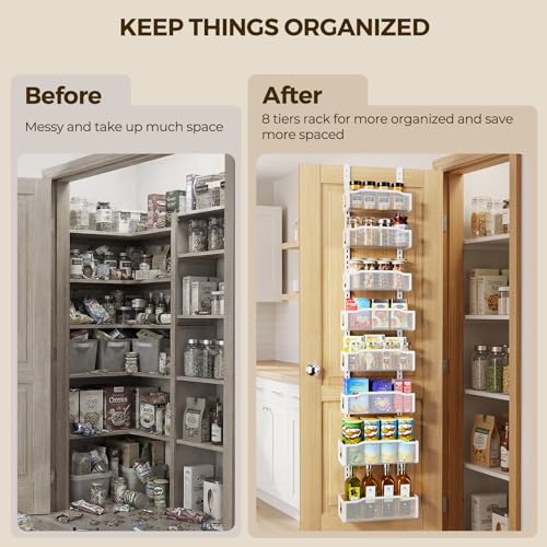 Delamu 8 Tier Over the Door Pantry Organizer, 2in1 Hanging or Wall Mount Spice Rack Seasoning, Adjustable Heavy-Duty Narrow Pantry Door Organizer and Storage for Kitchen Cabinet and Bathroom,12" White