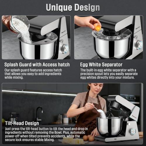 Kourice 6.5QT Tilt-Head Stand Mixer, Heavy Duty Pro 10-Speed Electric Mixer, Stainless Steel Cladding & Bowl with Dough Hook, Wire Whisk and Flat Beater for Home Baking, Bread, Cake, Pizza Dough