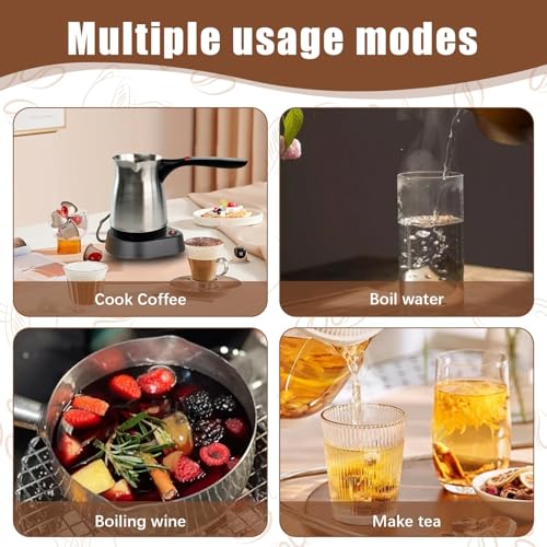 Electric Turkish Coffee Pot, 600ml Stainless Steel 110V Heating Kettle with Foldable Anti-Scald Handle for Home and Travel, Fast Brew Maker Arabic Greek Tea Milk (Smooth Pot Surface)