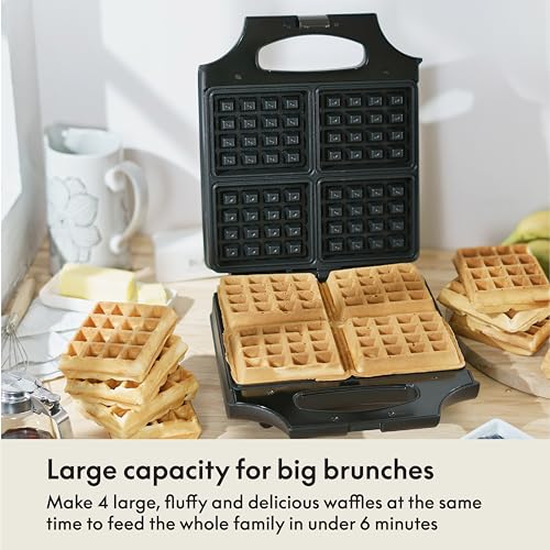 bella Waffle Iron - 4 Square Belgian Waffle Maker, Non-stick Extra Large Plates for Easy Cleanup - Compact Design, Stainless Steel, Black, 1400W