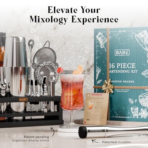 BARE BARREL® Mixology Bartender Kit Bar Set | 16-Piece Cocktail Shaker Set | Martini Barware Mixing Tools for Home Bartending | Incl. 35 Recipe Cards | Gift Set (28oz Boston Shaker, Silver/Black)
