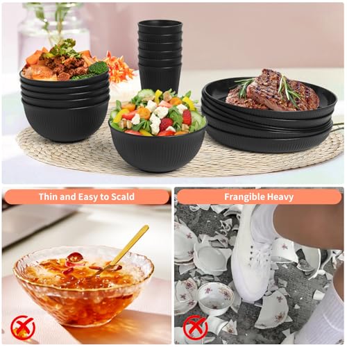 36 Pcs Wheat Straw Dinnerware Set,Dinnerware Sets for 6,Large Round Plates, Bowls and Cups, Unbreakable dish set, Dishwasher and Microwave Safe, Outdoor Camping Dishes (Black)