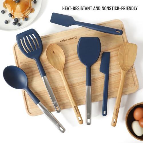 Calphalon Prime 7-Piece Silicone and Teak Wood Kitchen Tool Set, Stainless Steel Kitchen Utensil Set, Kitchen Spoon And Spatula Set, Heat Resistant Non-Slip Kitchen Gadgets Set - Navy Blue