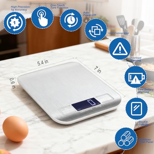 Girwu Food Scale, Digital Kitchen Scale with 1g Accuracy, 11lb/22lb Capacity & Backlit LCD, Stainless Steel Tare Scale for Baking, Cooking and Meal Prep, 5.5x7x0.6 Inches (Batteries Included)