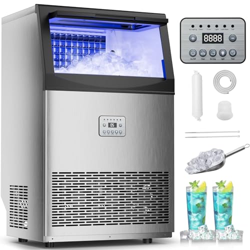 Commercial Ice Maker,110 lbs/24H,50 Cubes in 14 Mins,Stainless Steel Ice Machine with 33 Lbs Storage Capacity,Water Filter,Self-Cleaning,Under Counter/Freestanding Ice Maker for Restaurant,Cafe,Home