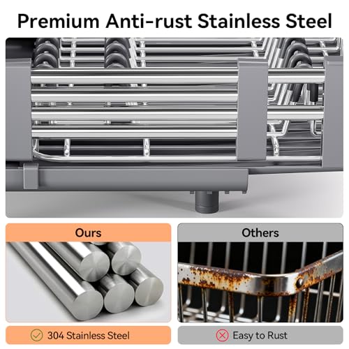 Urackify Stainless Steel Dish Drying Rack - Dish Drainer for Kitchen Counter, Extendable Drainboard with Foldable, Space-Saving Cup & Bowl Organizer, Includes Knife and Utensil Holder, Gray