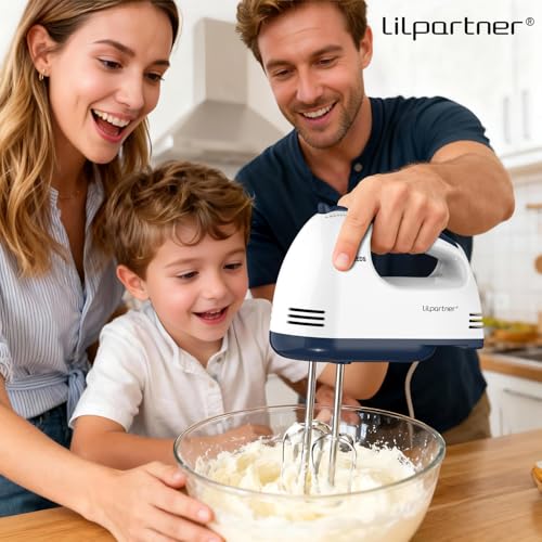 LILPARTNER Hand Mixer Electric, Ultra Power Kitchen Hand Mixer With 7-Speed & 5 Stainless Steel Accessories for Whipping Dough, Cream, Cake, Dishwasher Safe, Light White