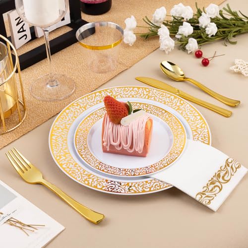 Bestluck 700PCS Gold Plastic Dinnerware Set for 100 Guests, Disposable Plates for Party, Include 100 Gold Dinner Plates, 100 Dessert Plates, 100 Set Silverware, 100 Cups, 100 Napkins